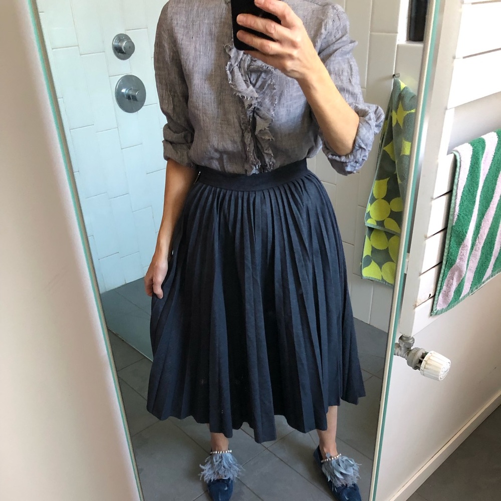 Japanese Navy Pinstripe Linen Top with Raw edged Ruffle Placket and Cuffs